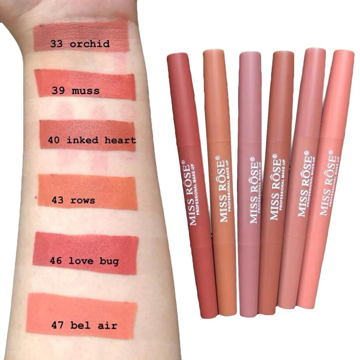 Pack of 6 Miss Rose Lipliner + Lipstick | 2 in 1 | High Pigment